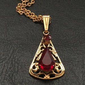 Vintage Signed 1928 Ruby Crystal Gold Tone Pendant